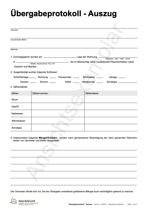 Übergabeprotokoll bei Auszug