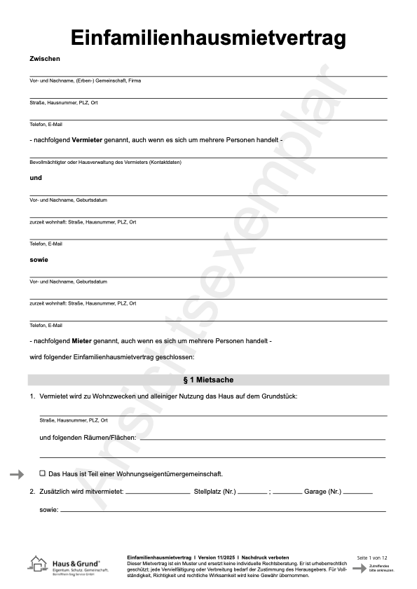 Wohnraummietvertrag (Gedruckte Variante - EFH)